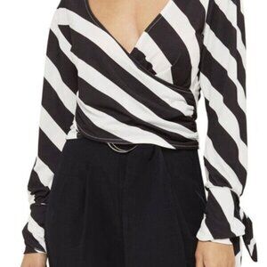 2/$30 TOPSHOP Striped Tie Sleeve V-Neck Wrap Blouse Top Shirt Bell Sleeve Black